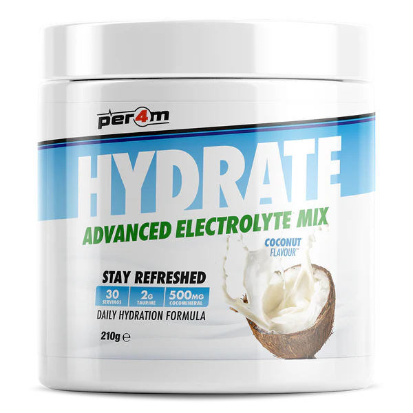 Per4m Hydrate Advanced Electrolyte Mix container with coconut flavor on a white background