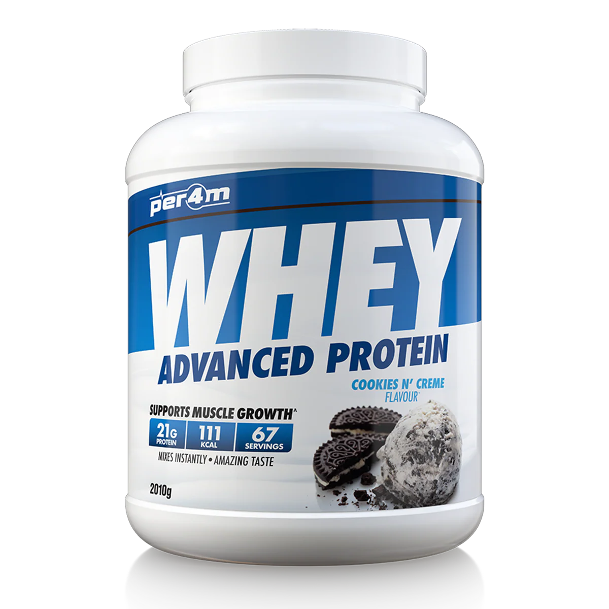 Whey protein powder container with blue and white label on a white background