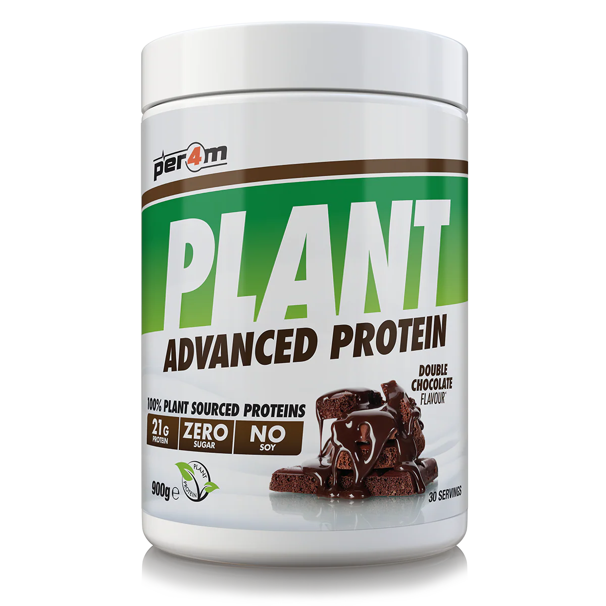 Container of plant-based protein powder with a white and green label on a white background