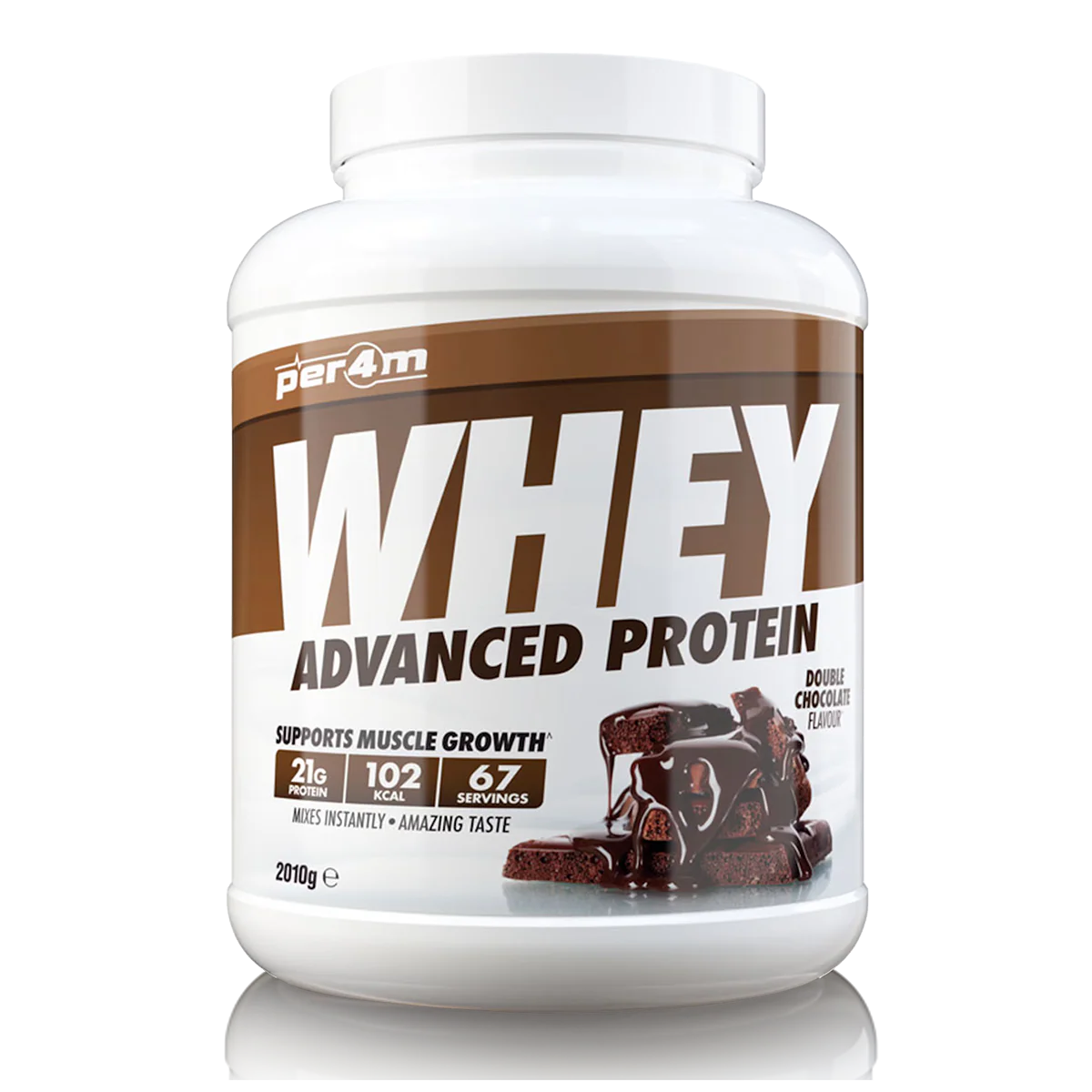 Whey protein powder container with chocolate flavor on a white background