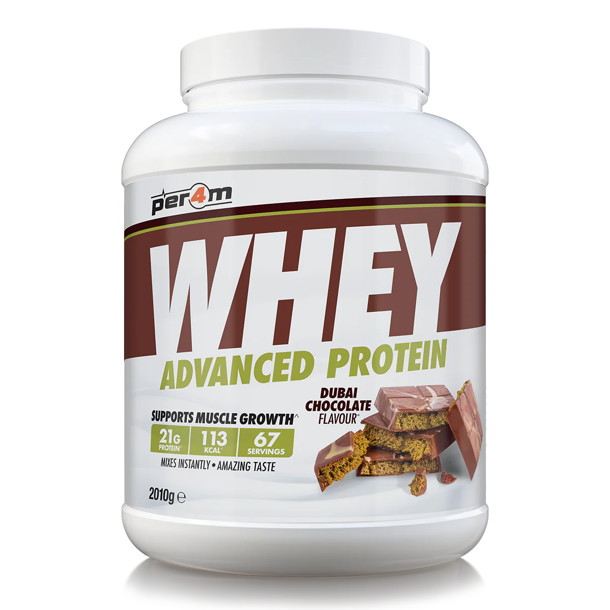 Whey protein powder container with chocolate flavor on a white background