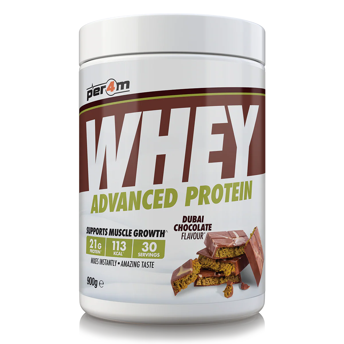 Whey protein powder container with chocolate flavor on a white background