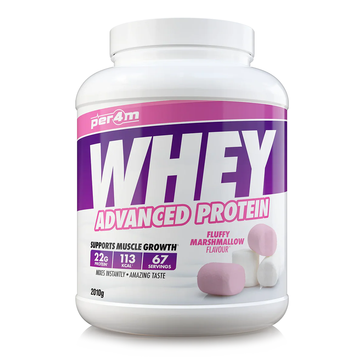 Whey protein powder container with purple and white label on a white background