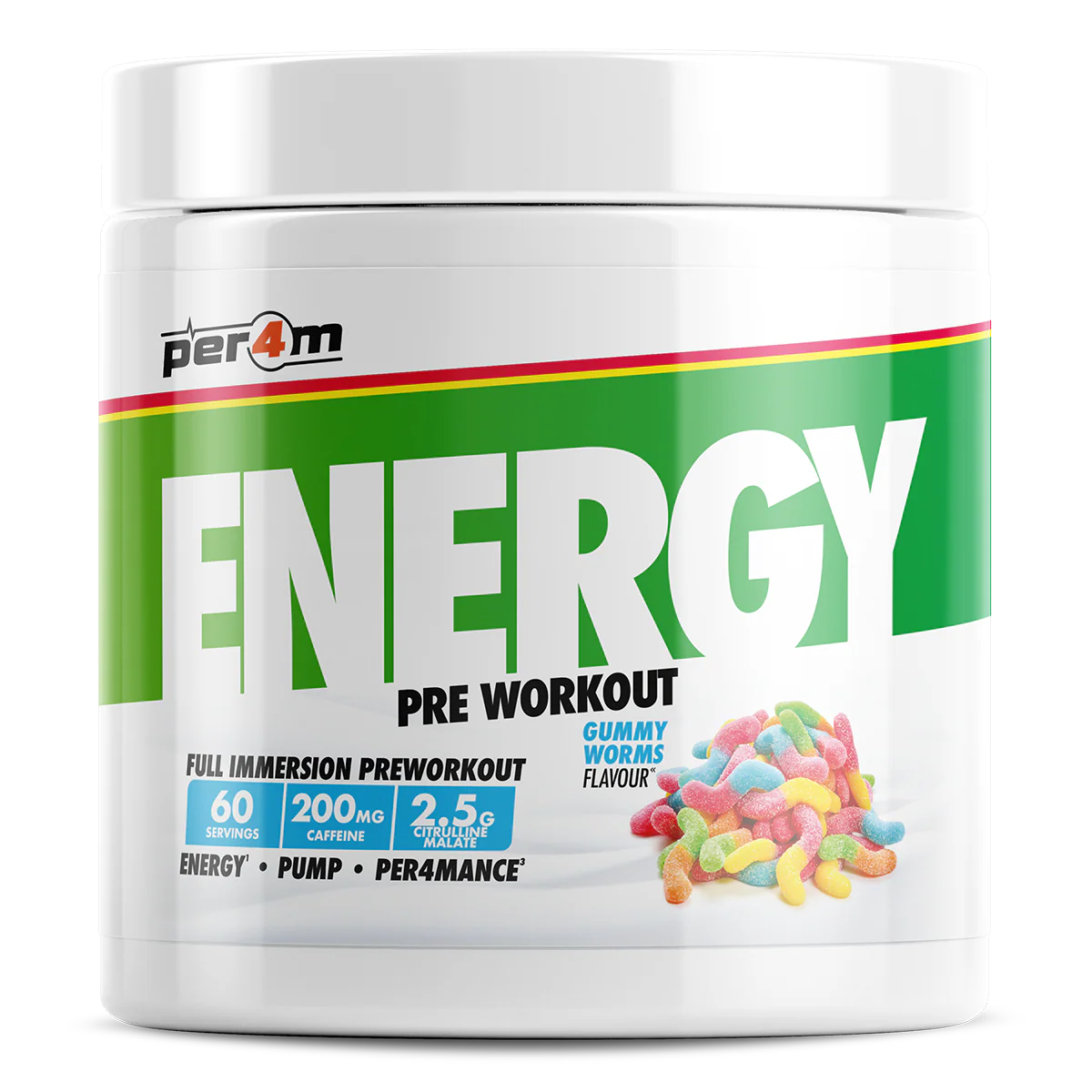 Pre-workout supplement container with colorful gummy worms flavor on a white background