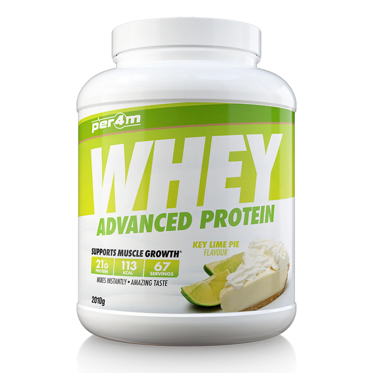Whey protein powder container with lime and cream flavor on a white background
