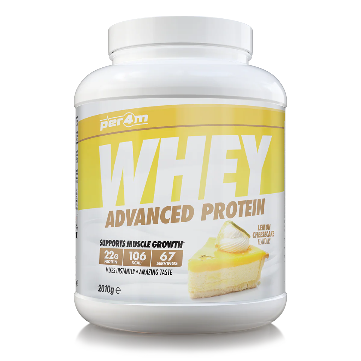 Whey protein powder container with lemon cheesecake flavor on a white background