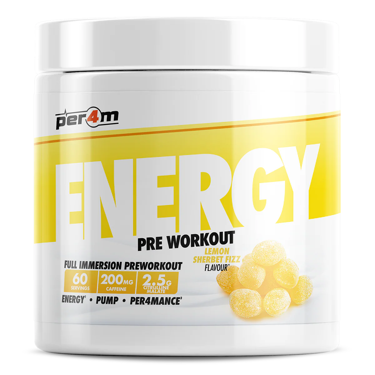 Pre-workout supplement container with 'per4m' branding on a white background