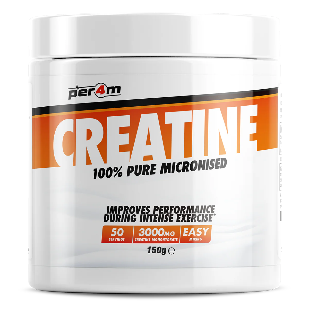 White container of per4m Creatine supplement with orange and black text on a white background