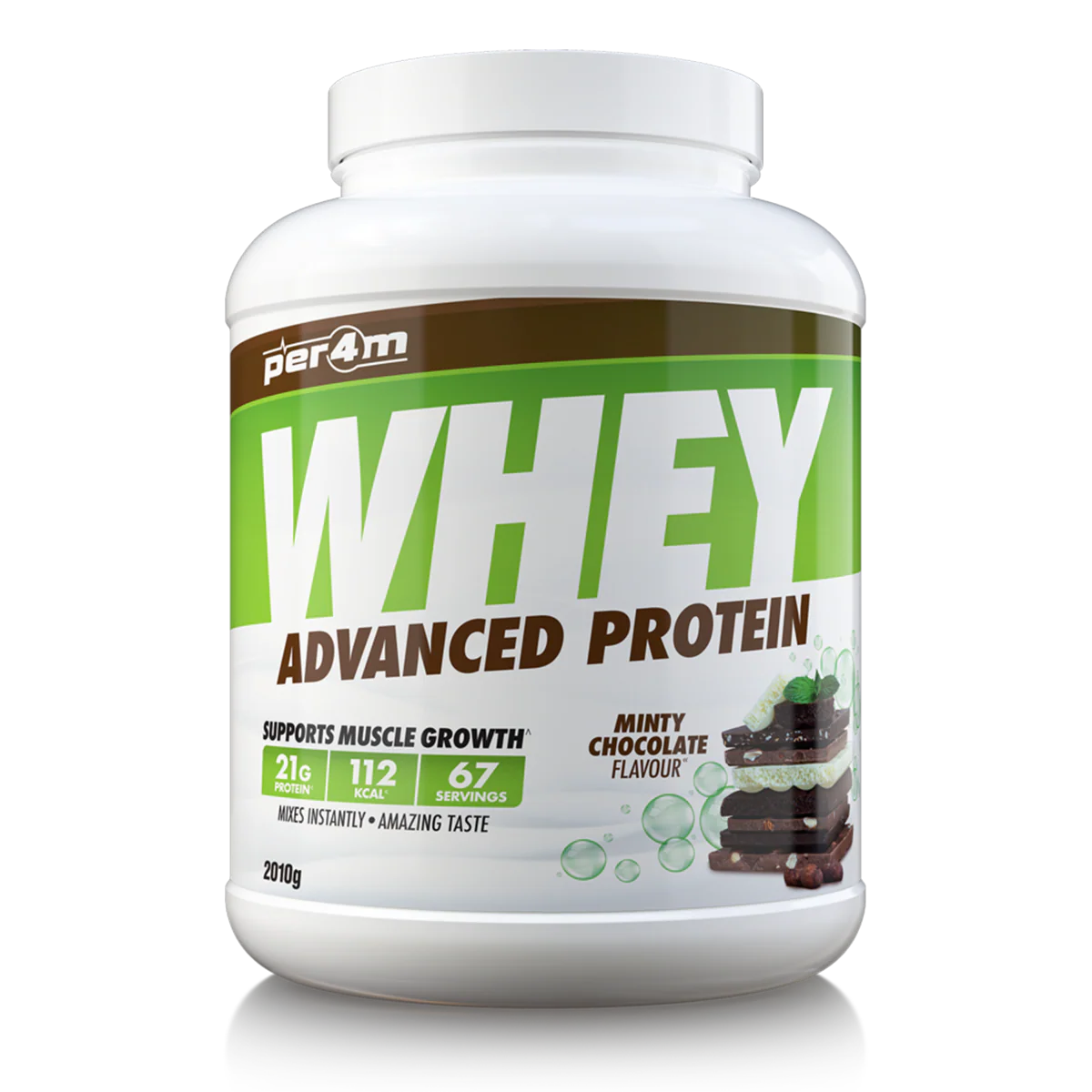 Whey protein powder container with green and brown label on a white background