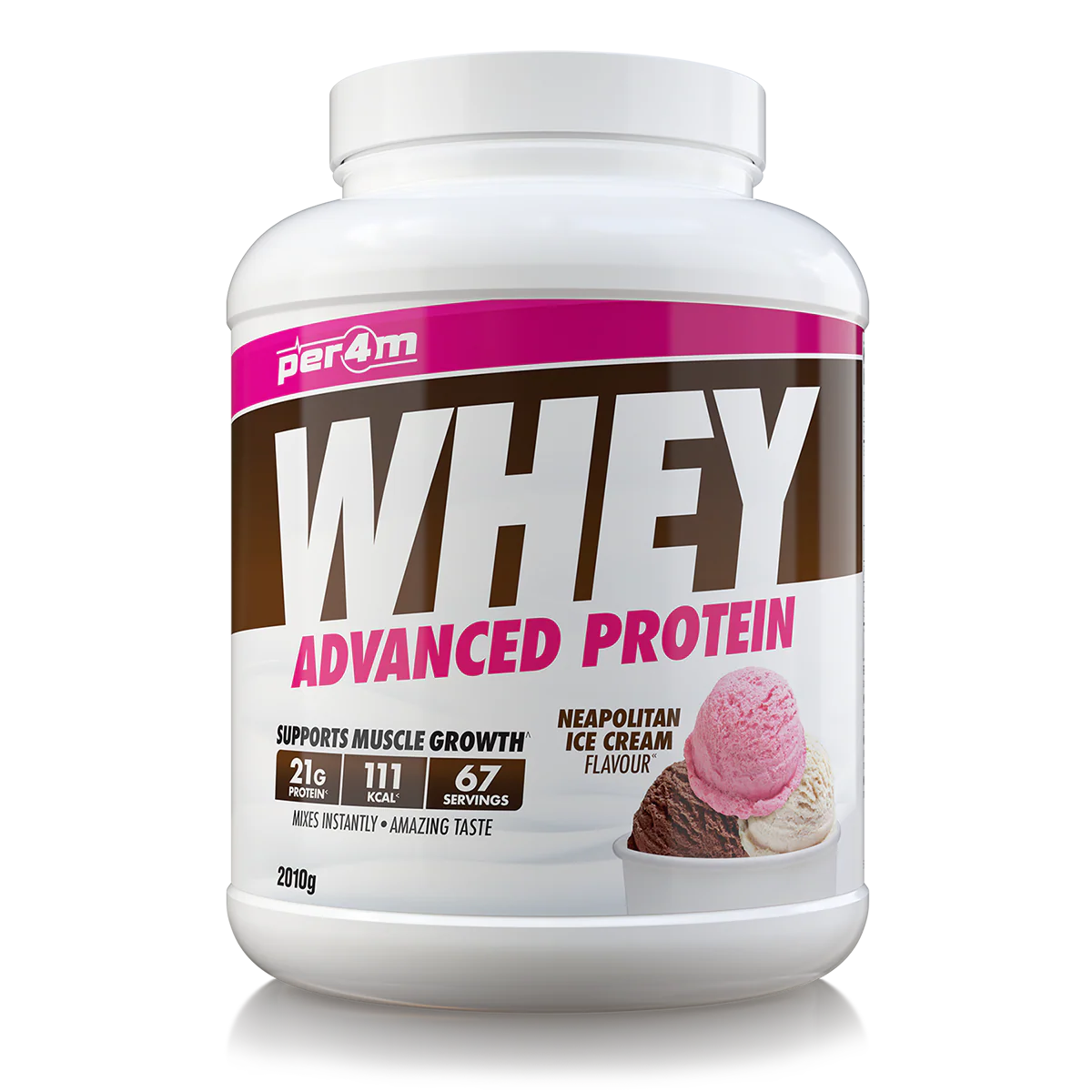 Whey protein powder container with Neapolitan ice cream flavor on a white background