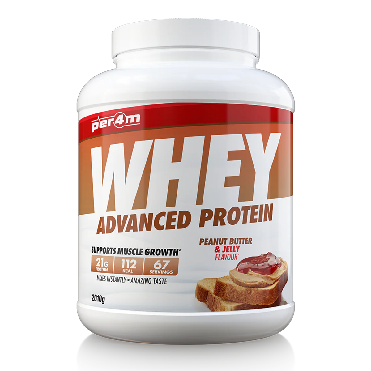 Whey protein powder container with peanut butter & jelly flavor on a white background