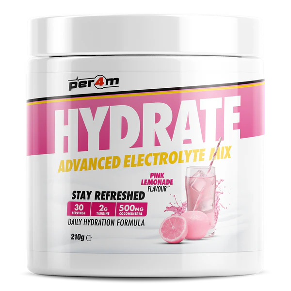 Per4m Hydrate Advanced Electrolyte Mix container with pink lemonade flavor on a white background