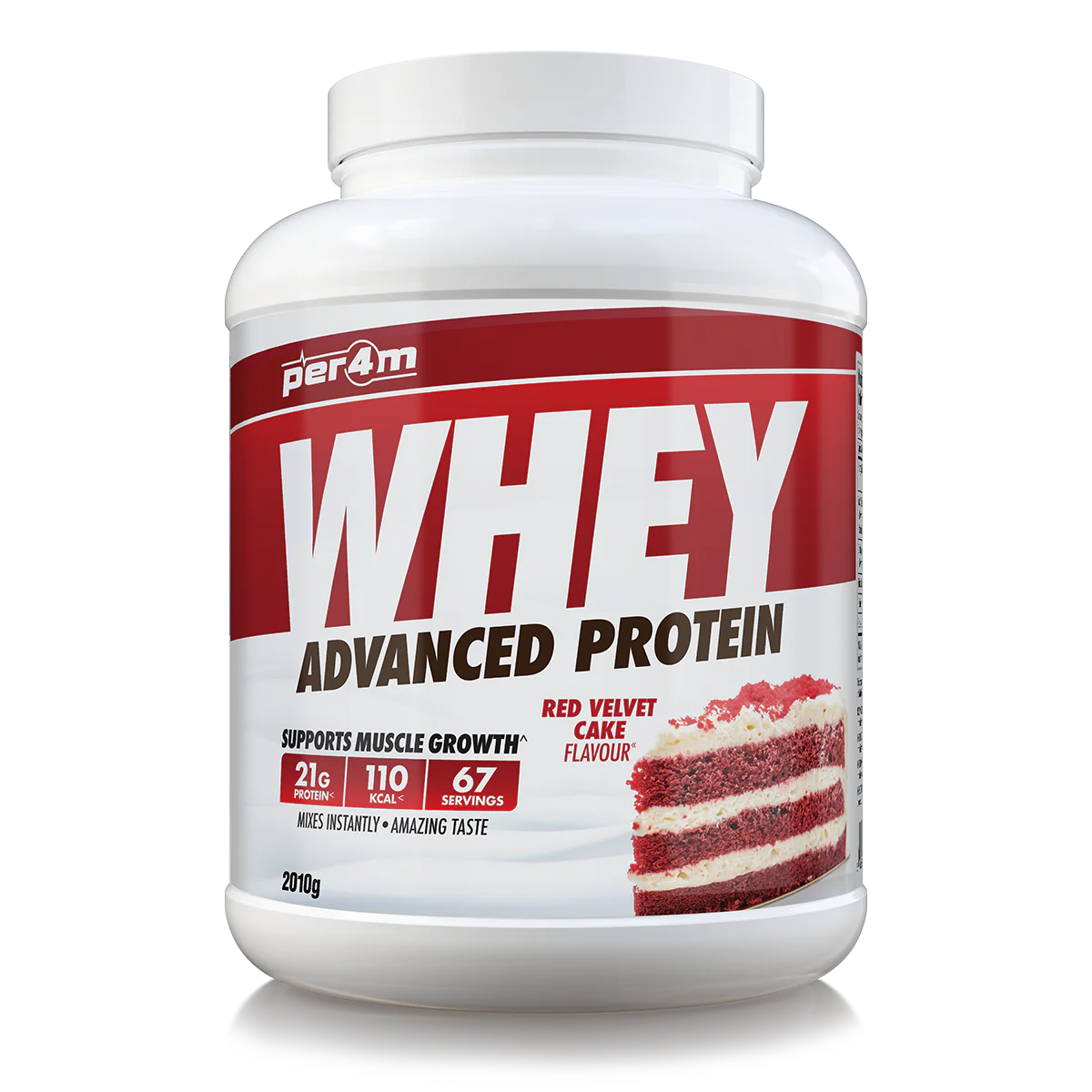 Whey protein powder container with red and white label on a white background
