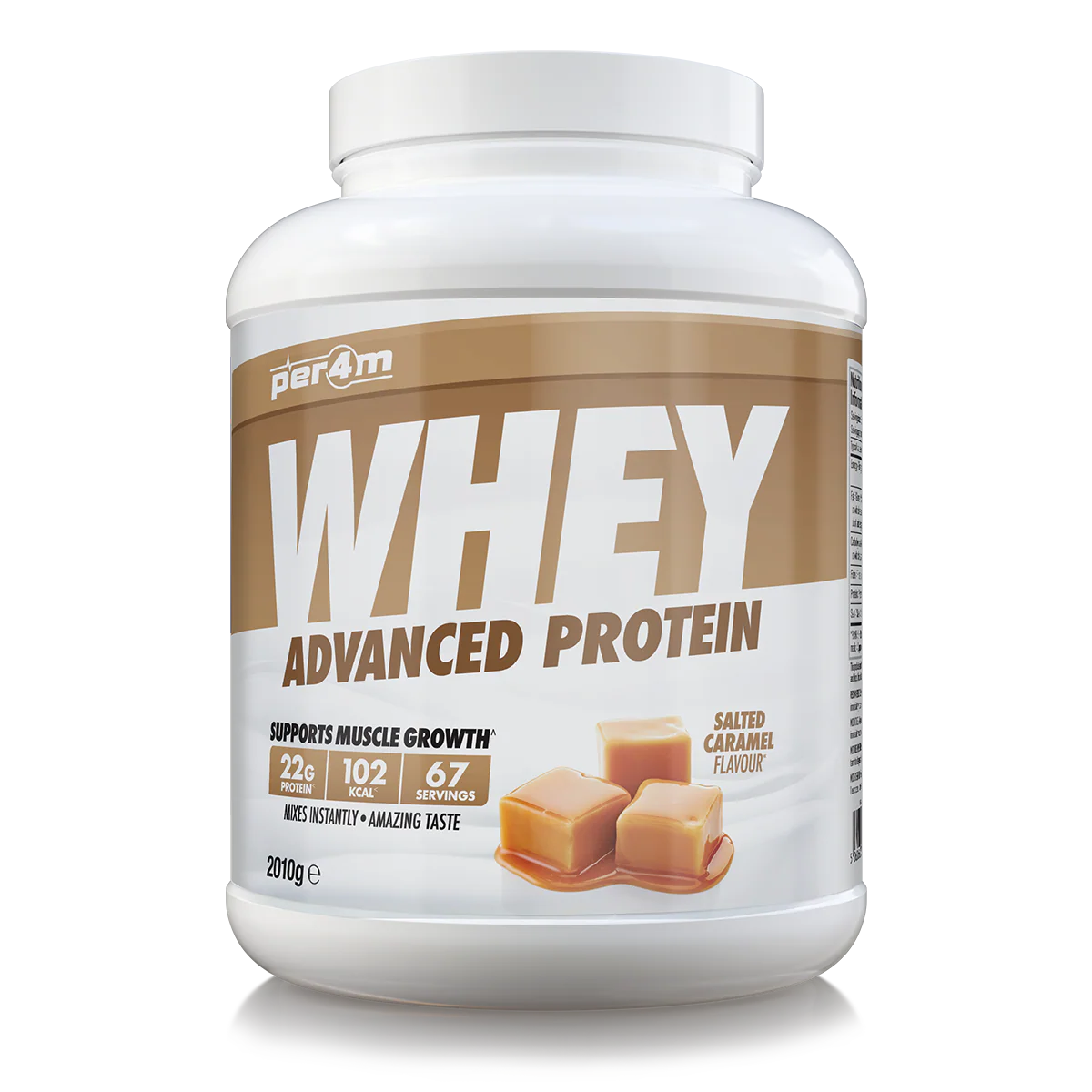 Whey protein powder container with caramel flavor on a white background