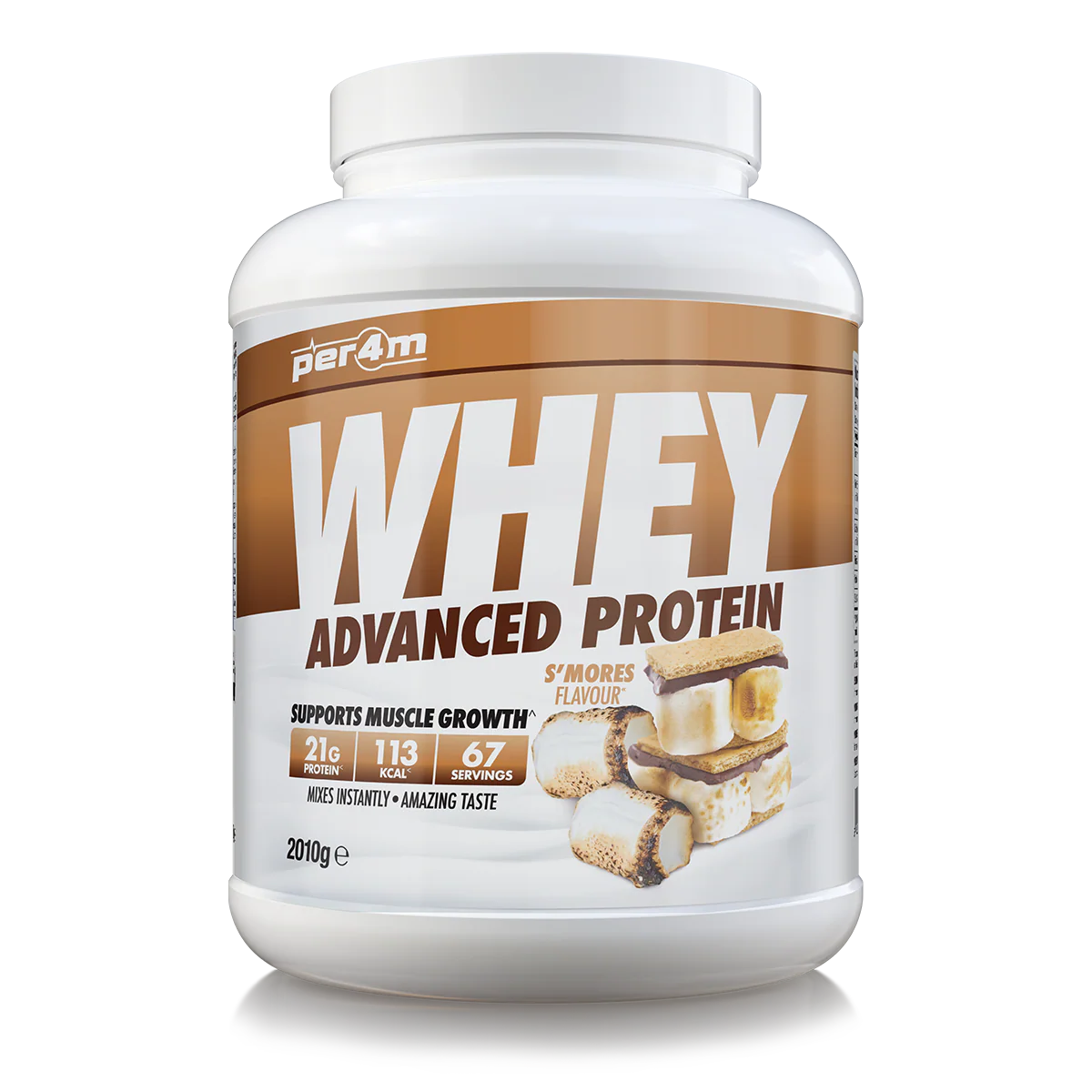 Whey protein powder container with a white and brown label on a white background