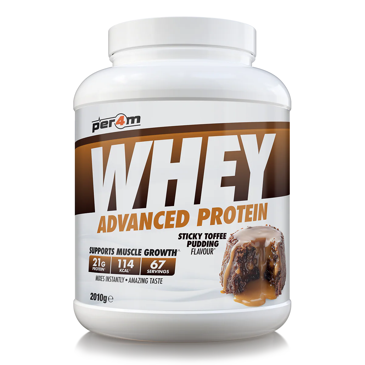 Whey protein powder container with a white and brown label on a white background