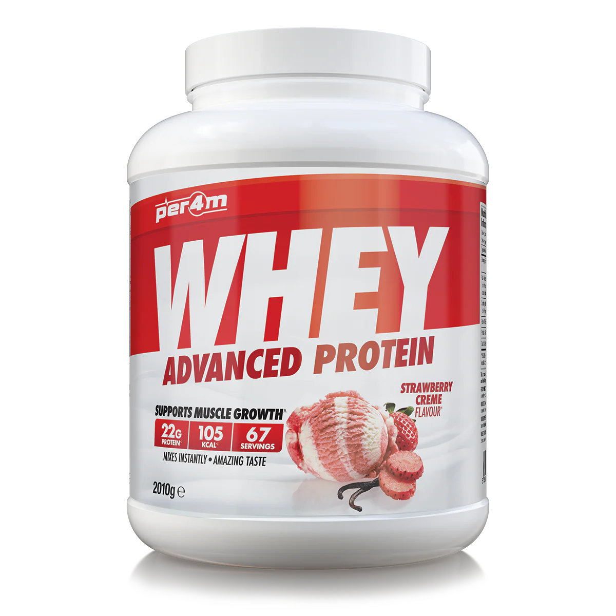Whey protein powder container with strawberry creme flavor on a white background