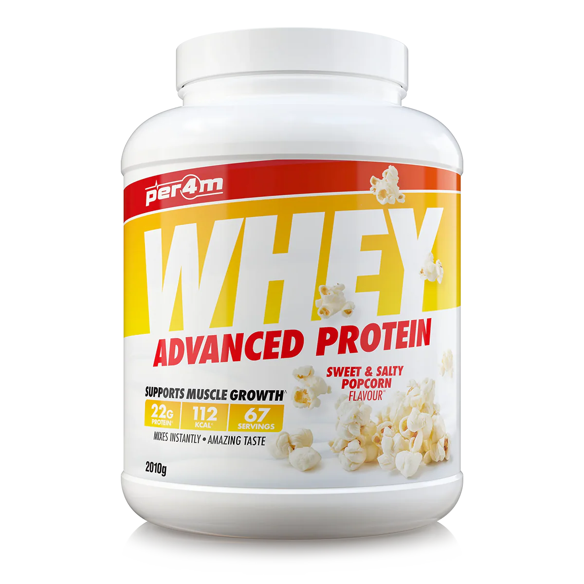 Whey protein powder container with popcorn flavor on a white background