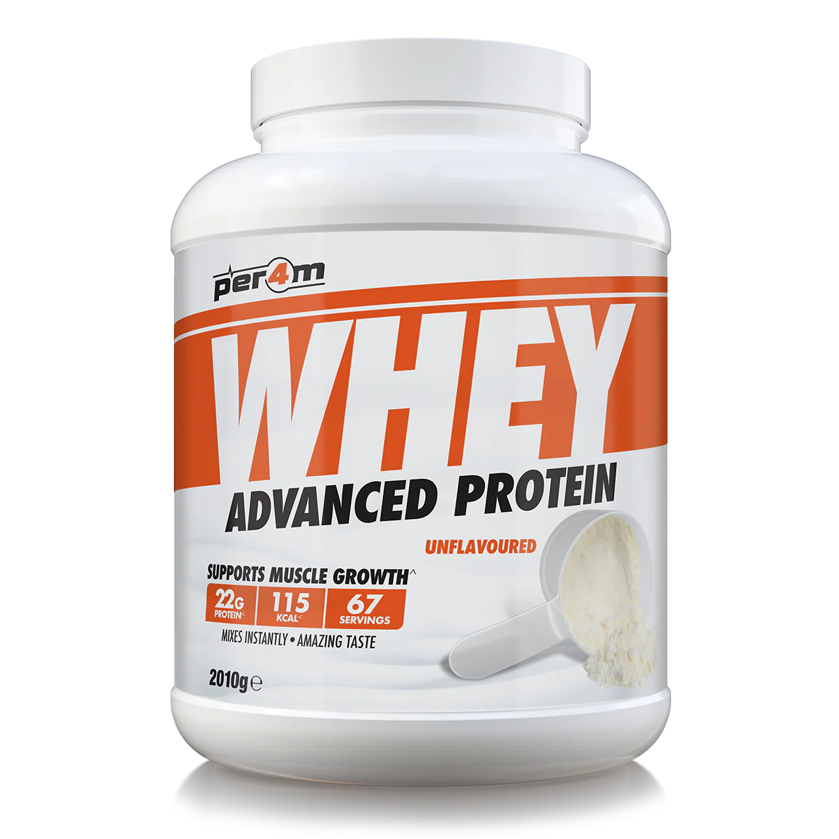 Whey protein powder container with white and orange label on a white background