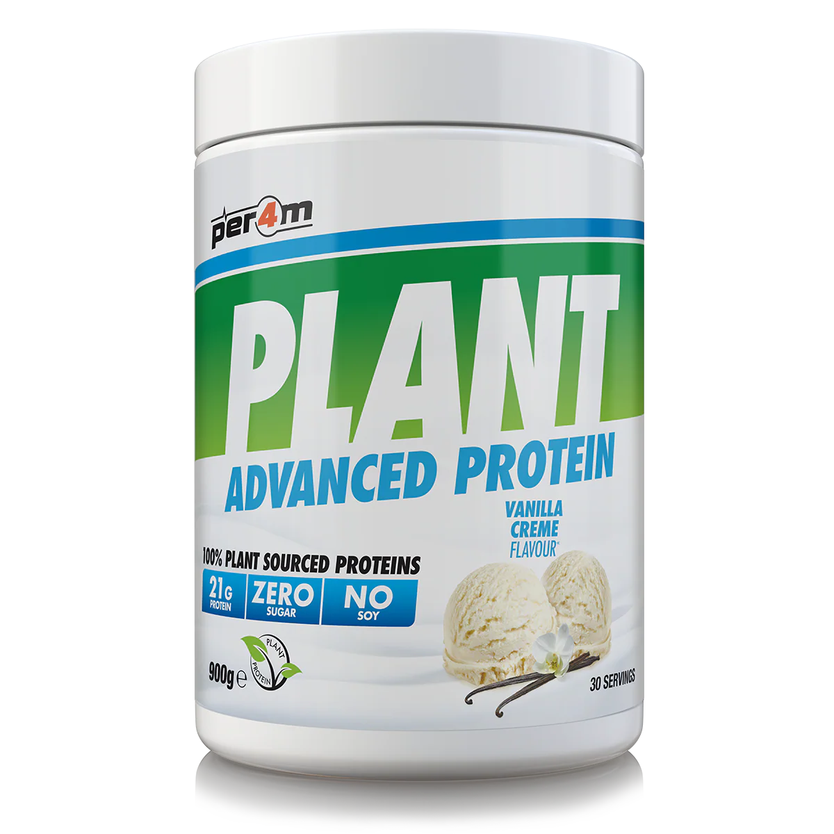 Container of per4m Plant Advanced Protein Vanilla Creme flavor on a white background