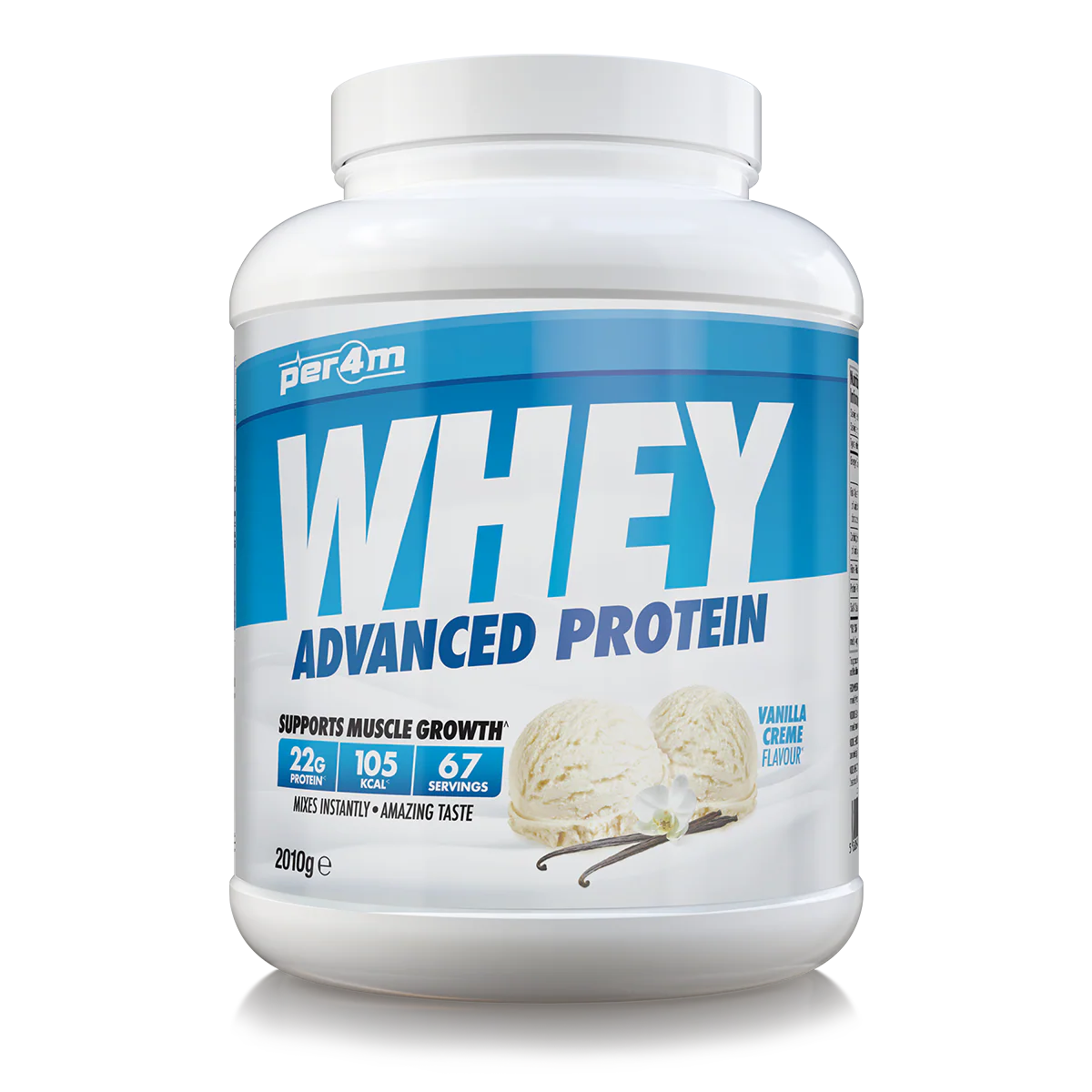 Whey protein powder container with blue and white label on a white background