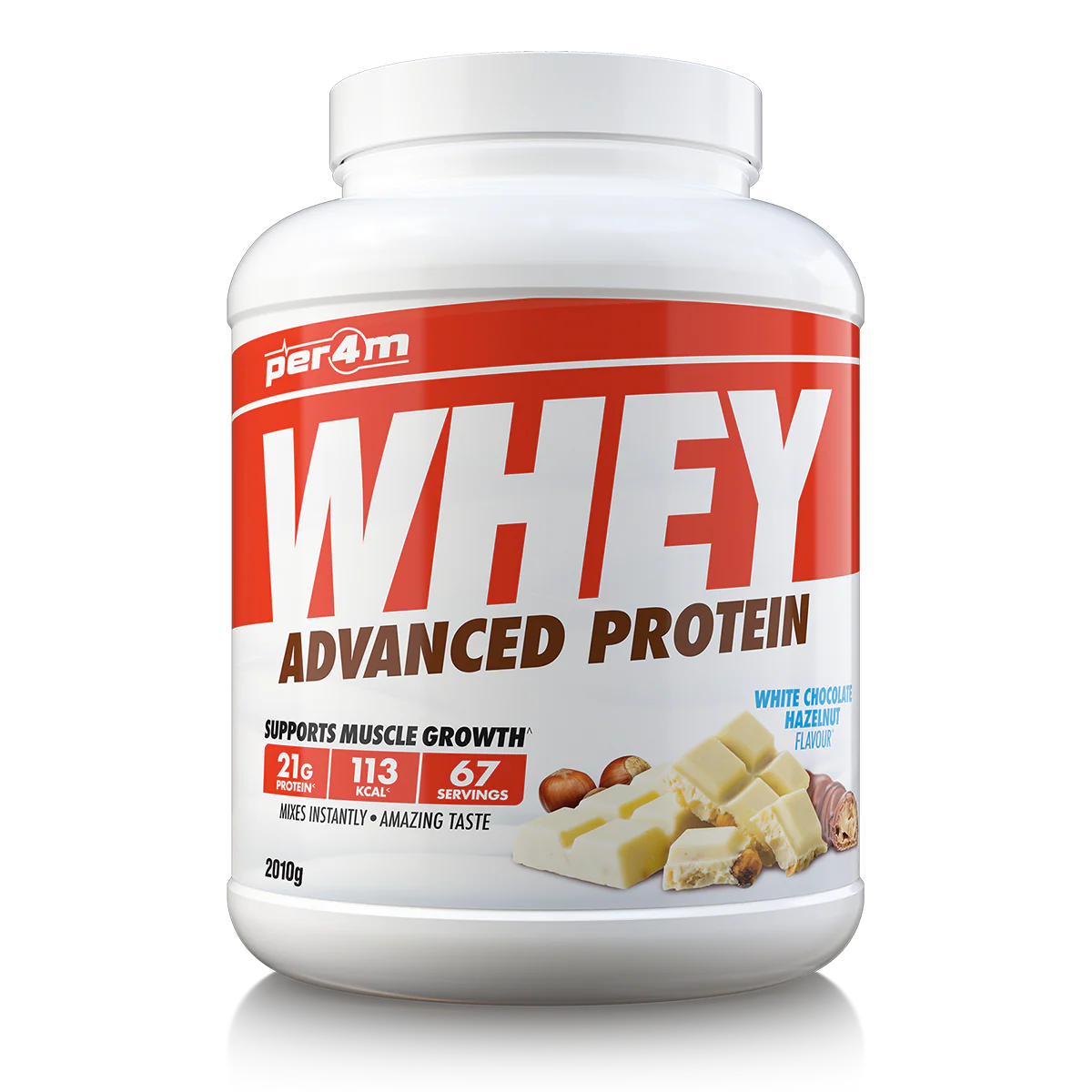 Whey protein powder container with white and red label on a white background