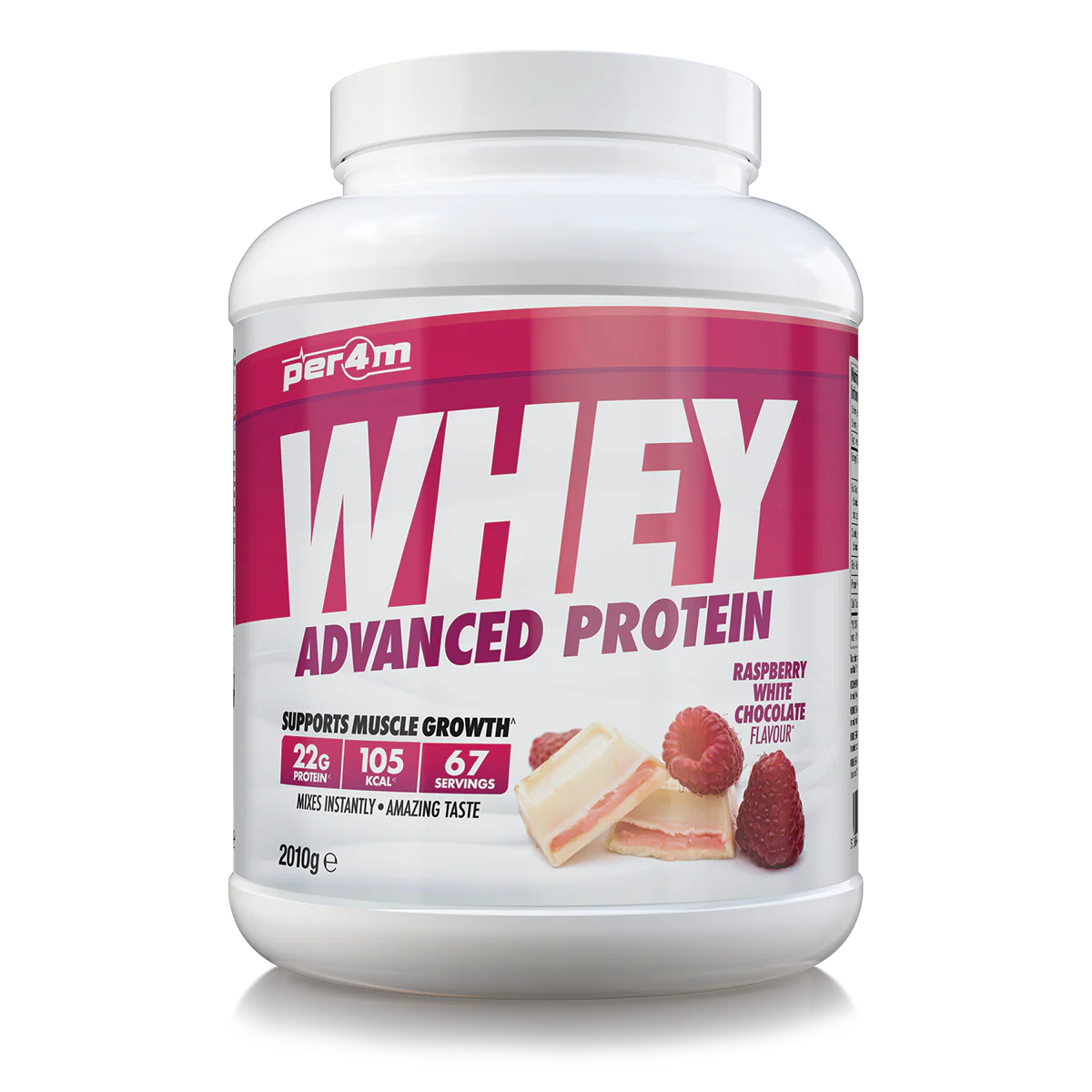 Whey protein powder container with raspberry white chocolate flavor on a white background
