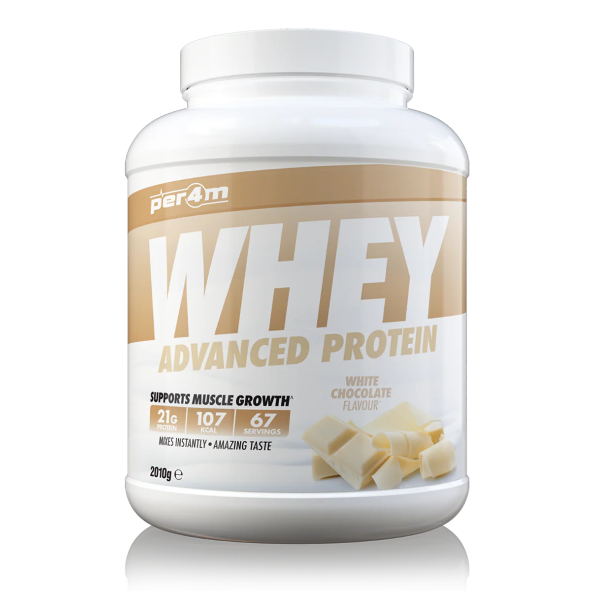 Whey protein powder container with white and gold label on a white background