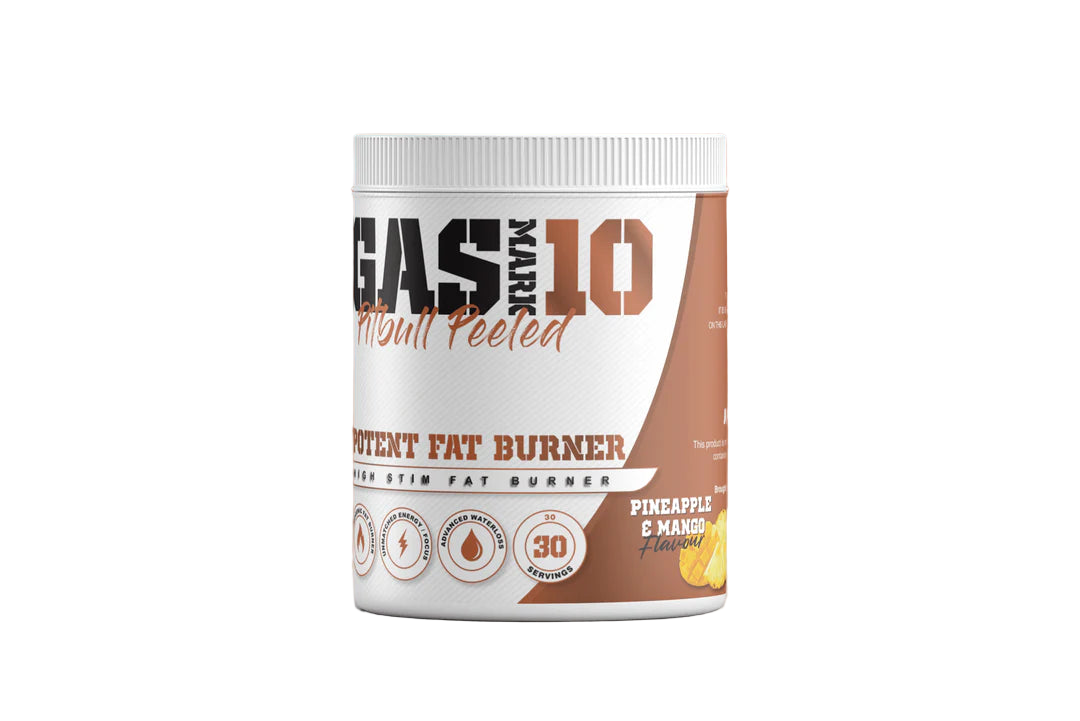 Fat burner supplement container with 'GAS 10' branding on a gradient background