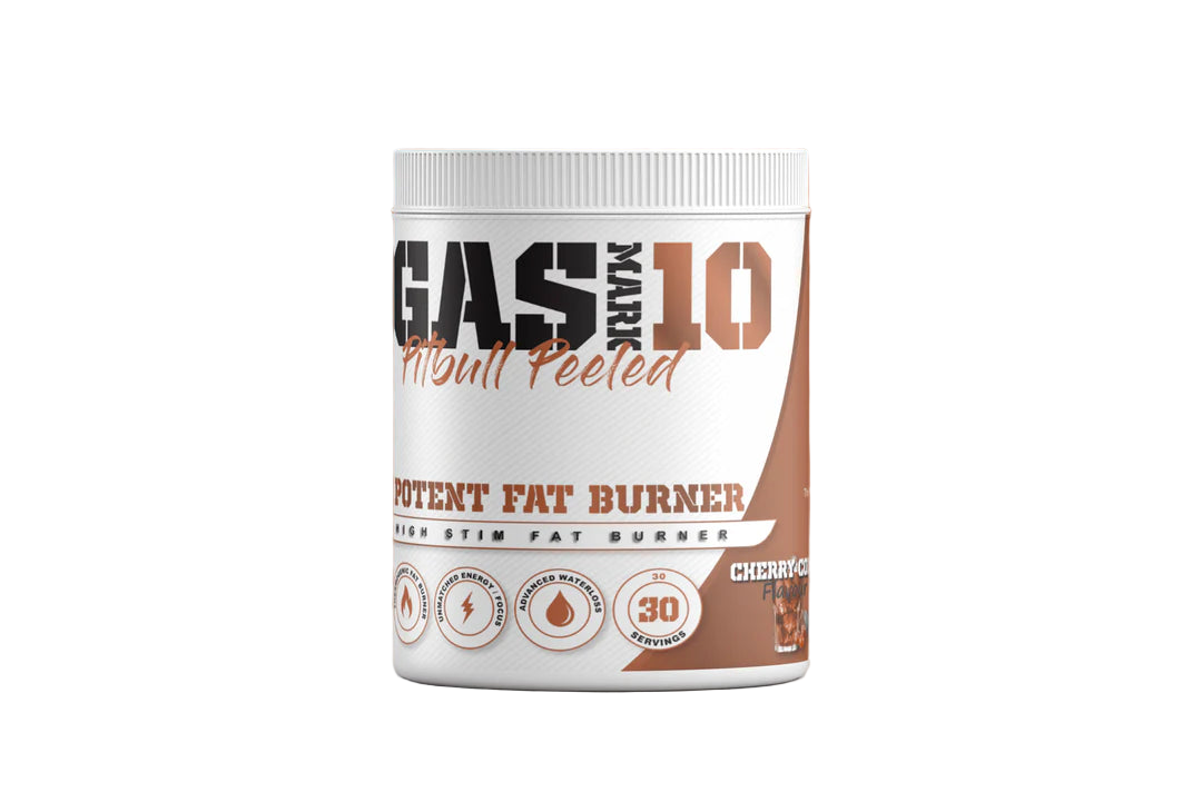 Fat burner supplement container with 'GAS MARK 10' branding on a gradient background