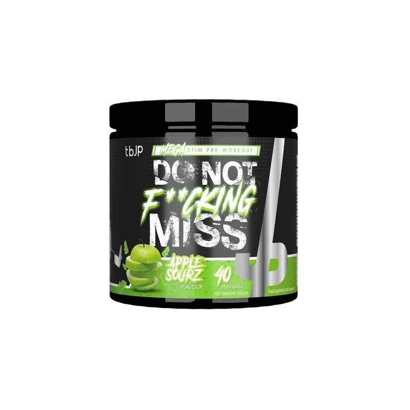 Pre-workout supplement container with bold text and green graphics on a white background