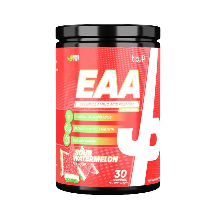 Container of EAA supplement with red label and black lid on white background