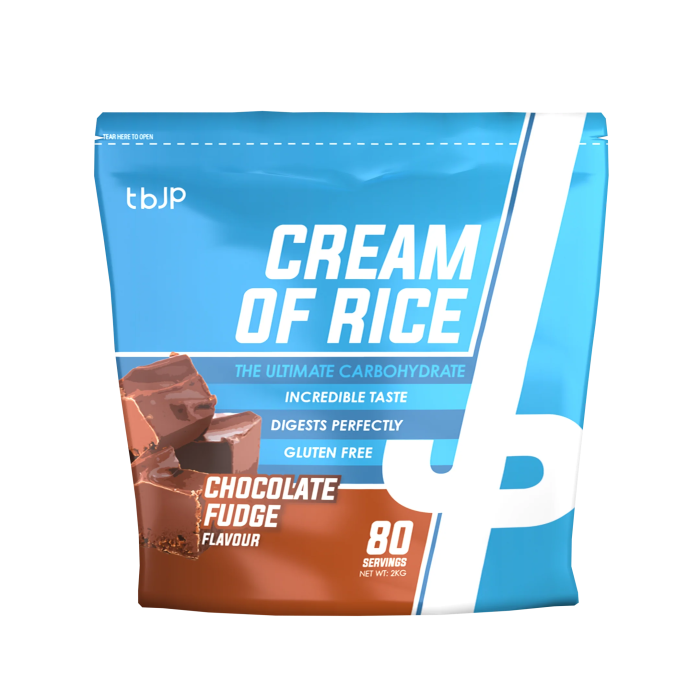 Package of tbjP Cream of Rice in Chocolate Fudge flavor on a white background
