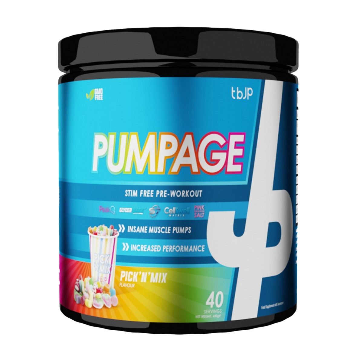 Pumpage stim-free pre-workout supplement container with colorful label on a white background