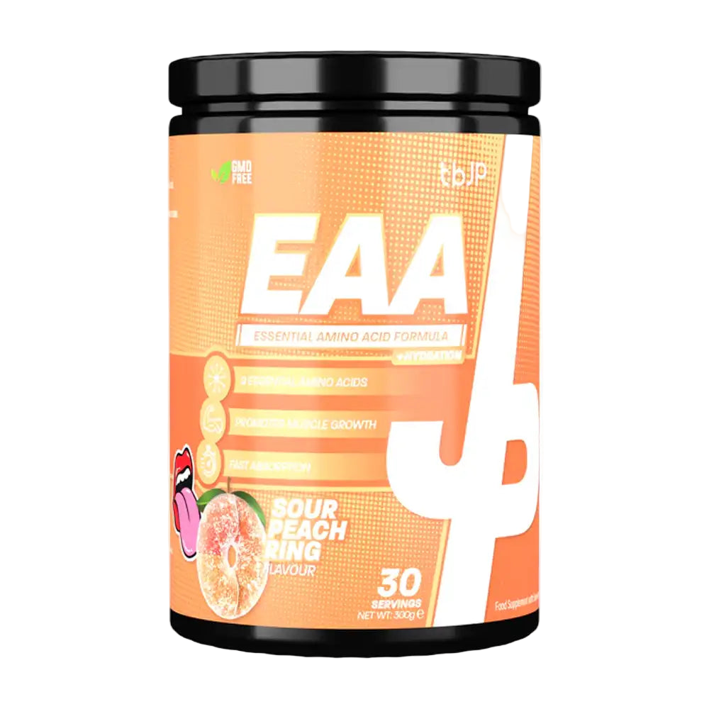 Container of EAA supplement with orange label and black lid on a white background